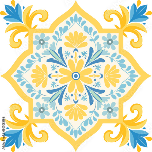 Traditional Azulejo ceramic tiles. Vector Italian print for fabric and wallpaper. Sicilian majolica in blue and yellow colors. Mediterranean style ornament.