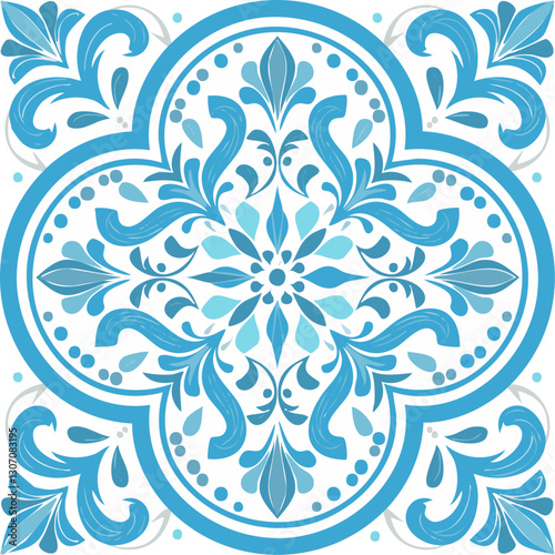 Traditional ceramic tiles Azulejo vector illustration. Italian print and pattern for fabric and wallpaper. Sicilian majolica in blue tones. Ornament in Mediterranean style.
