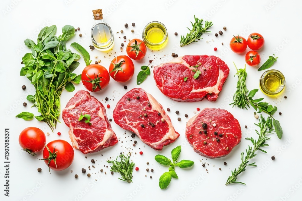 Fresh Ingredients for Cooking with Raw Meat and Vegetables Displayed Fresh Ingredients for Cooking with Raw Meat and Vegetables Displayed