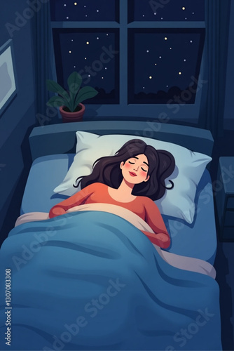 Peaceful Woman Sleeping Comfortably in Cozy Bed at Night, Promoting Healthy Sleep Habits