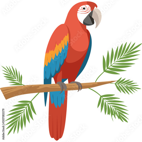 Macaw parrot sitting on a branch vector illustration. Exotic red blue bird on isolated background