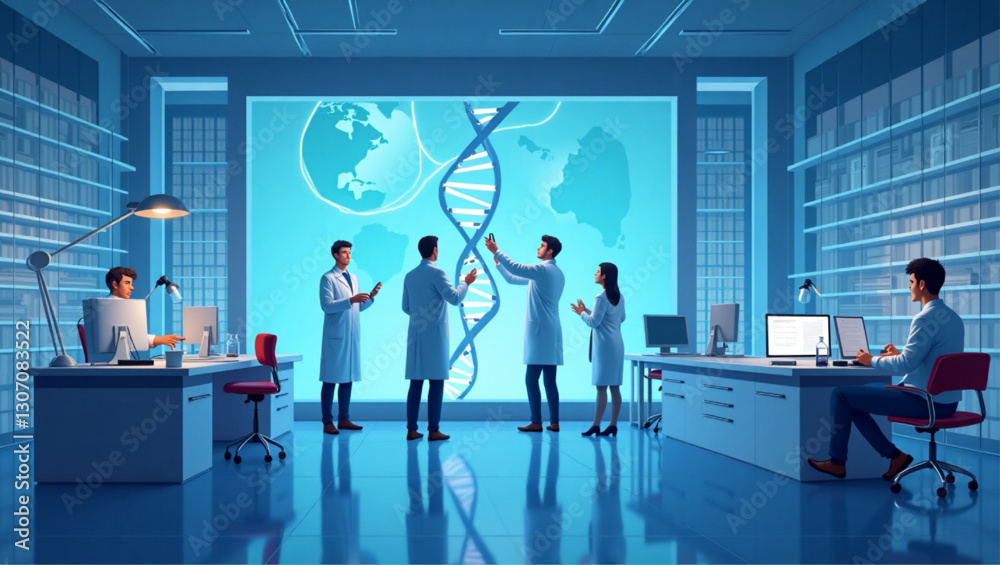 Obraz premium Scientists Exploring DNA Molecular Structure in Modern Genetic Testing Laboratory