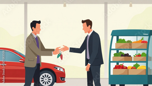 Salesman Handing Car Keys to Happy Customer in Showroom