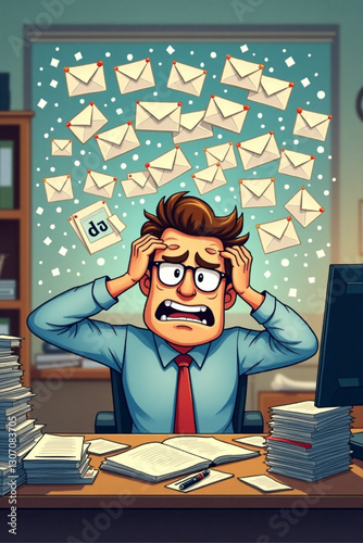Stressed Businessman Overwhelmed by Overflowing Email Inbox at Cluttered Office Desk