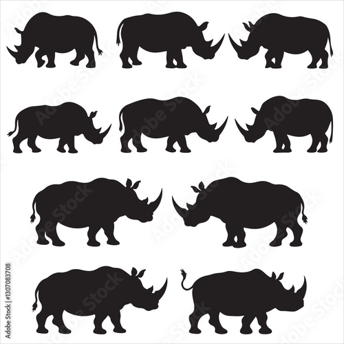 set of black vector various Rhino silhouettes