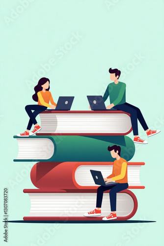 Students Engaged in E-Learning with Laptops on a Stack of Books