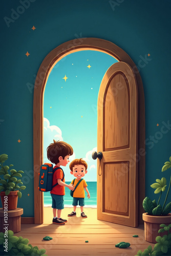 Whimsical Vector of Curious Children Entering Magical Door Shaped Like Open Book