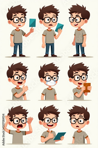 Young Man in Glasses Expressing Various Emotions with Mask