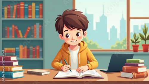Young man studying multiple languages with books and digital resources in a learning environment.