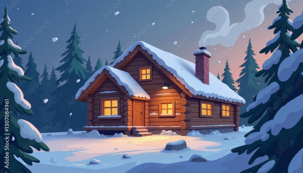 Cozy log cabin glowing in twilight snow-covered forest, winter warmth Cozy log cabin glowing in twilight snow-covered forest, winter warmth