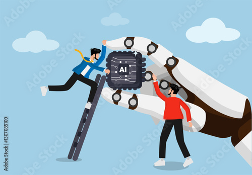 Artificial intelligence helps business and teamwork collaboration. AI automation technology, innovation enhances employee development, assistant for improvement concept, hand robot holding Artificial.