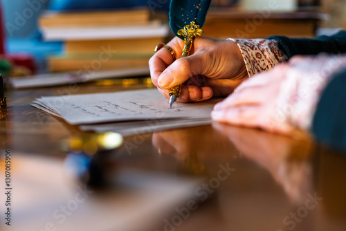 Close up of girl's hand writing calligraphy with ink pen. Professional calligrapher writing a letter.
