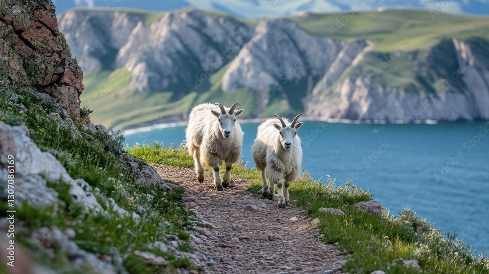 Obraz premium Two mountain goats walk a coastal trail.