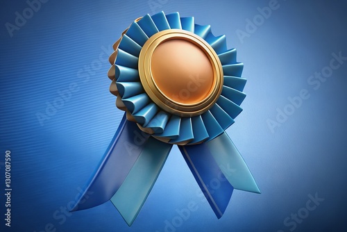 Blue and Gold Award Ribbon with Glowing Light on Dark Checkered Background, Symbol of Achievement and Recognition