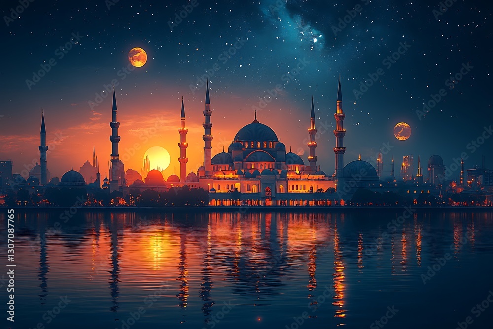 Fototapeta premium Stunning Sunset Reflecting on Water with a Mosque and Minarets Under a Starry Sky