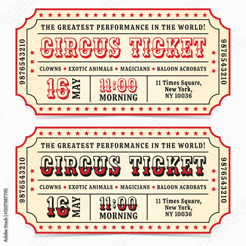 Retro circus tickets. Vintage circus tickets red, black and beige colours.	