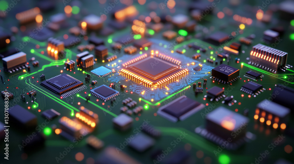 Obraz premium High-resolution close-up of a microchip with embedded IoT sensors, illuminated by vibrant neon blue