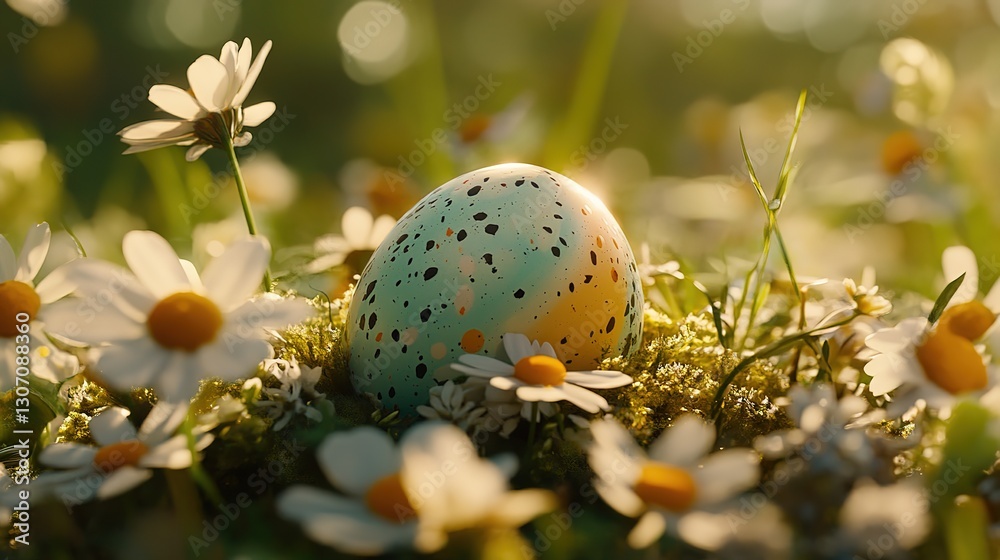 Fototapeta premium Pastel Easter Egg Amid Spring Flowers, Symbolizing Renewal and Joy