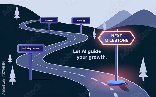 AI-Driven Growth Journey: A conceptual illustration depicting a winding road with milestone signposts guiding towards the 