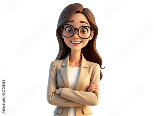 Confident 3D animated businesswoman with glasses and beige blazer smiling with arms crossed, stylized corporate character on white background.