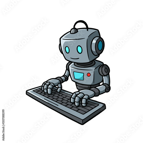 Cartoon Robot Typing on a Keyboard While Smiling and Engaging