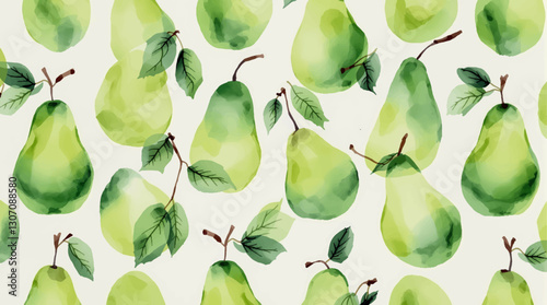 A hand-drawn pattern of watercolor pears in a seamless design, including seeds and leaves.
