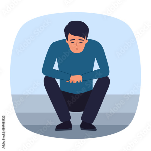 Sad man sits on the floor with tangled thoughts. The unhappy boy has confused thinking. The depressed male adolescent has memory problems. Concept of mental disorder or illness. Vector illustration
