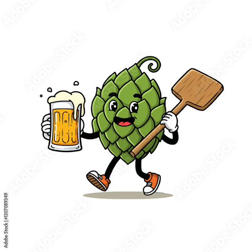 Cartoon Hop Character Holding Beer and Paddle in Cheerful Pose
