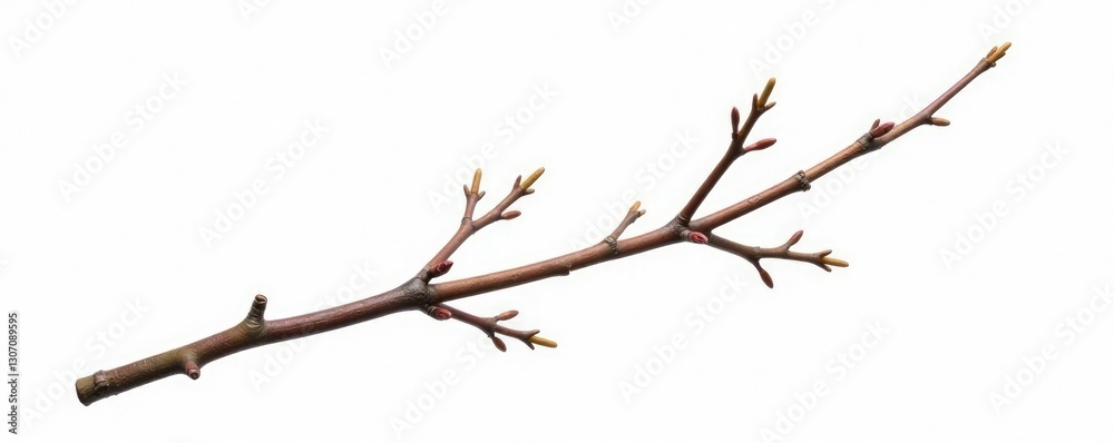 Single branch with small twigs isolated on white background, woodgrain, texture, minimalist Single branch with small twigs isolated on white background, woodgrain, texture, minimalist