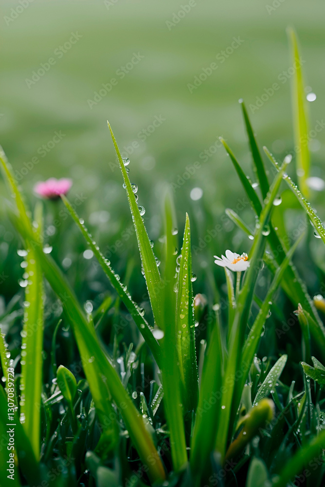Obraz premium Close-up of lawn grass, bright green stems, different shades and textures, dew drops are visible giving a fresh look, as well as small details such as flowers.