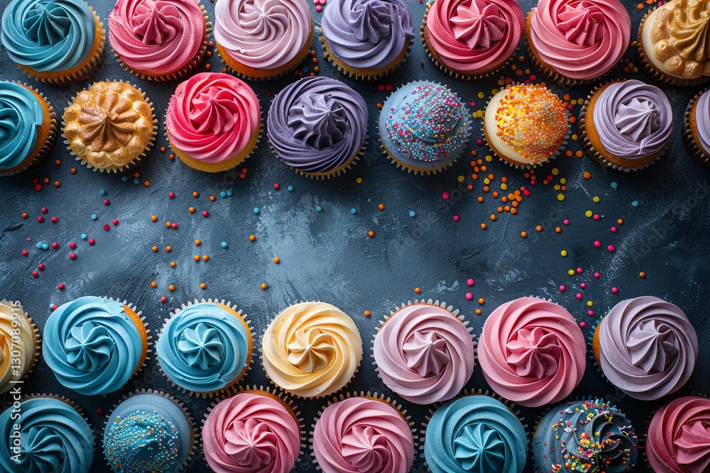 Frame of cupcakes with different colors and frosting, with blue background with copy space