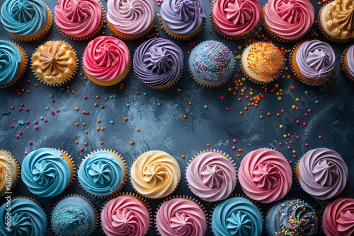 Obraz na płótnie Frame of cupcakes with different colors and frosting, with blue background with copy space w salonie