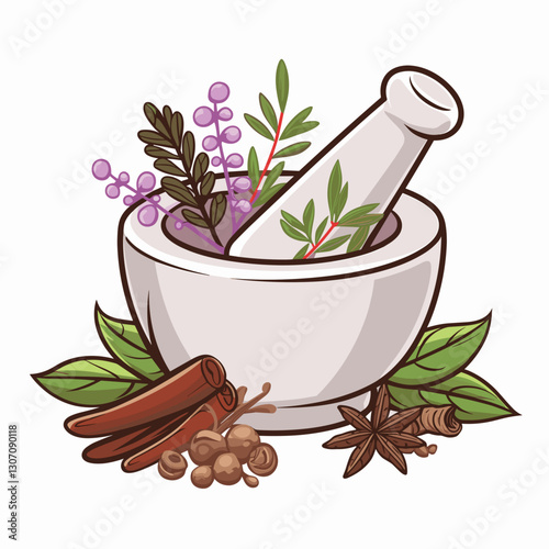 Mortar and Pestle with Fresh Herbs and Spices