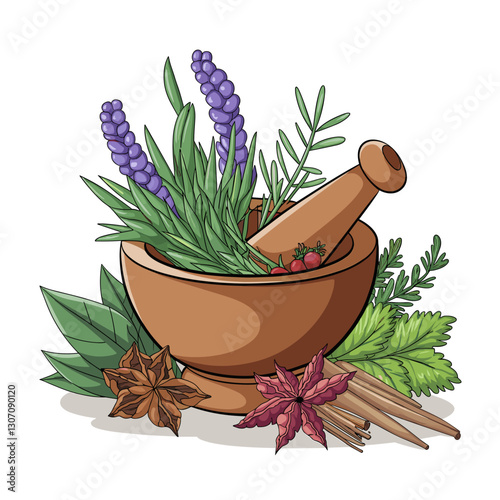 Mortar and Pestle with Fresh Herbs and Spices
