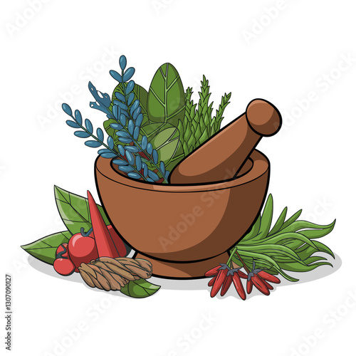 Mortar and Pestle with Fresh Herbs and Spices
