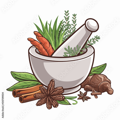 Mortar and Pestle with Fresh Herbs and Spices