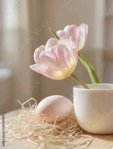 Spring tenderness: tulips, Easter egg and morning light. generative AI