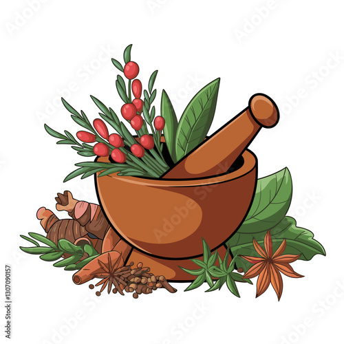 Mortar and Pestle with Fresh Herbs and Spices