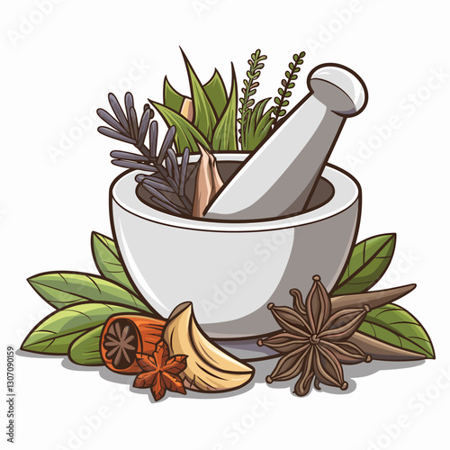 Mortar and Pestle with Fresh Herbs and Spices