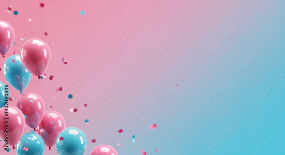 Fototapeta premium Pink and blue balloons float against a red gradient background with confettis raining down. copy space.