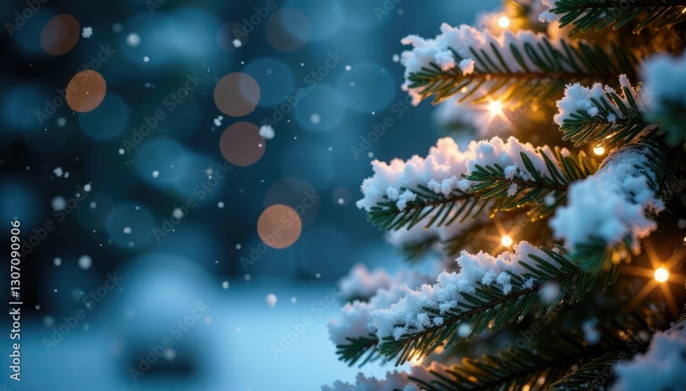 Sparkling Snowflakes Falling Softly on Christmas Tree Branches, snowflakes, frosty morning, snowy tree decorations Sparkling Snowflakes Falling Softly on Christmas Tree Branches, snowflakes, frosty morning, snowy tree decorations