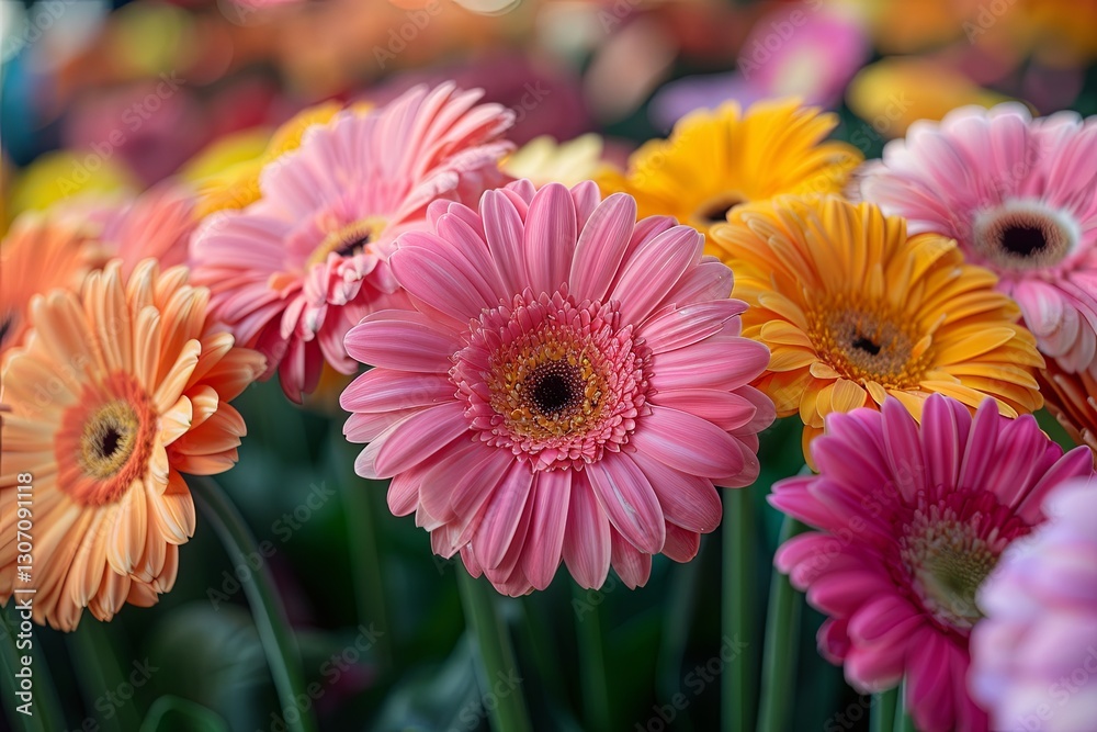 Bouquet of pink and orange gerbera flowers with green leaves, arranged in vase and are the main focus of the image