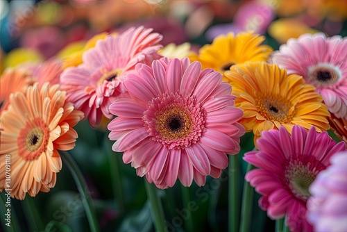 Obraz na płótnie Bouquet of pink and orange gerbera flowers with green leaves, arranged in vase and are the main focus of the image w salonie