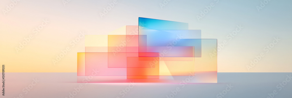 Fototapeta premium A digital composition with interwoven layers of transparent geometric shapes and subtle gradients,