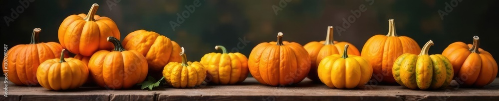 Fototapeta premium Stack of colorful pumpkins and squashes on a wooden table, harvest, squash