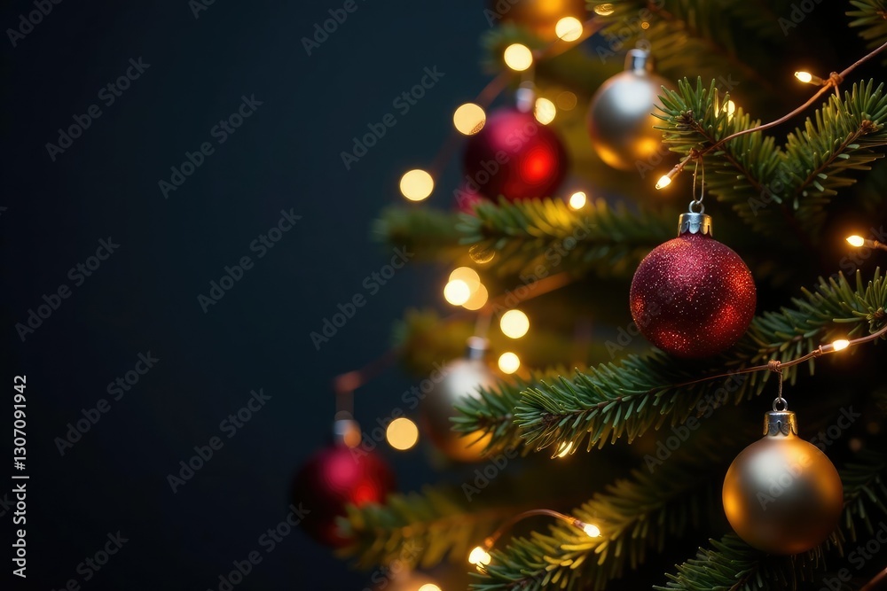 Twinkling fairy lights wrapping around Christmas tree, holiday, decorations, ornaments Twinkling fairy lights wrapping around Christmas tree, holiday, decorations, ornaments