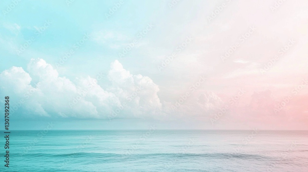 Fototapeta premium A serene ocean scene with pastel sky and fluffy clouds above
