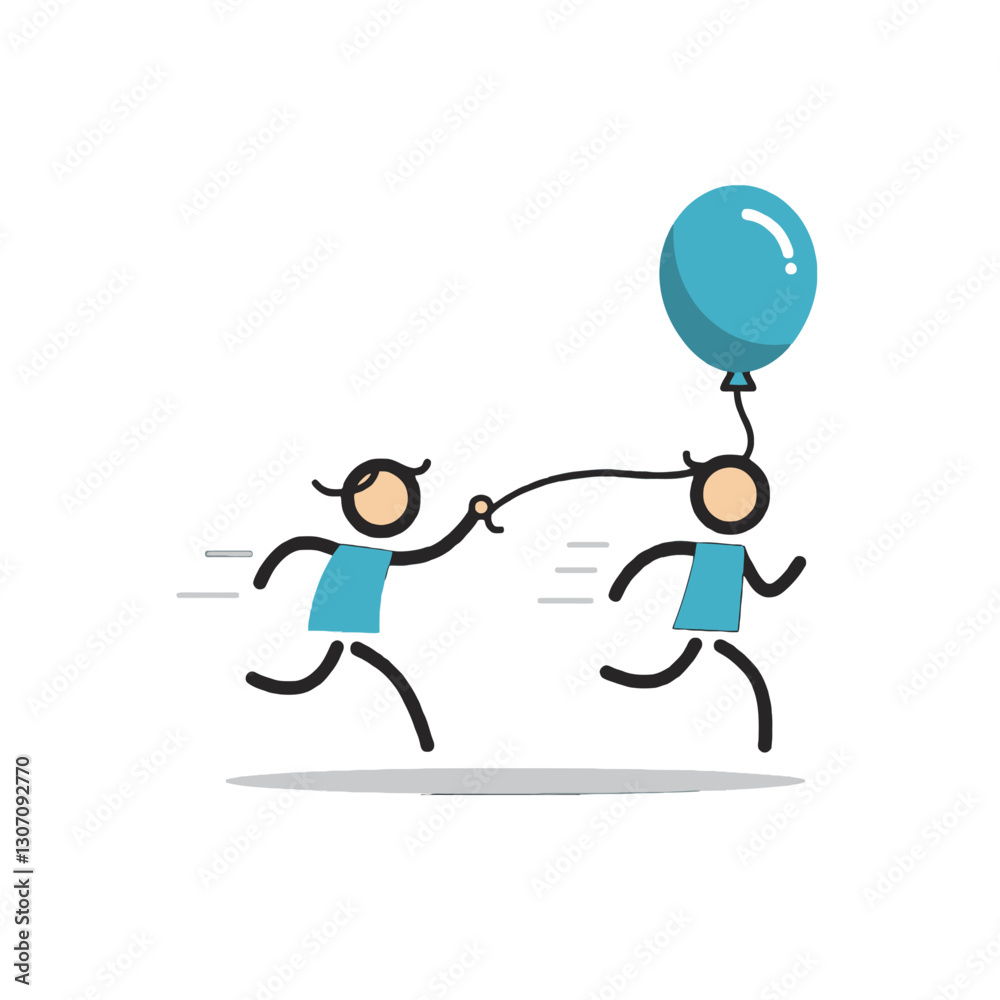 Playful Stick Figure Illustration of Two Children Running with a Blue Balloon Playful Stick Figure Illustration of Two Children Running with a Blue Balloon