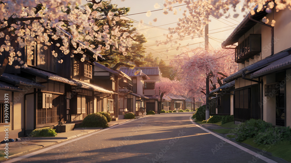 Fototapeta premium Japanese Town Sakura Blossom Sunrise