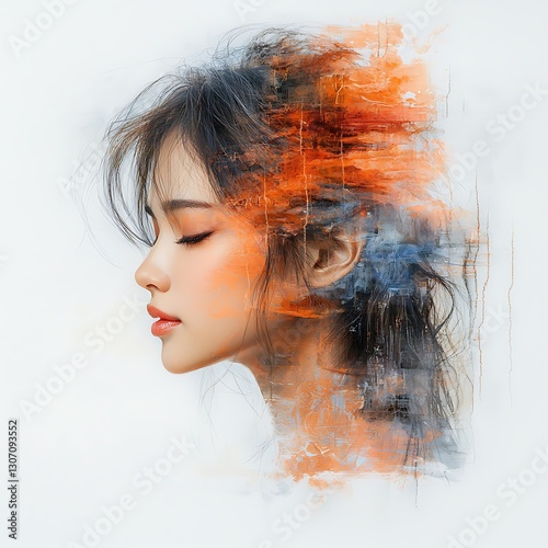 A mesmerizing fine-art portrait of a woman with one side of her hair painted in a rich orange hue and the other in a deep, celestial blue, each side reflecting a different emotional state, masterfully